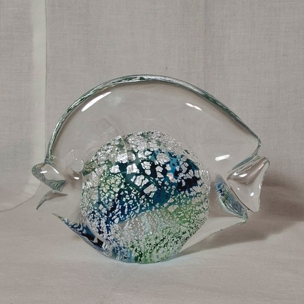 Sardinia Marcolin Signed Glass Fish Figurine Blue Green Excellent Silver Leaf 97